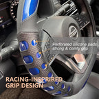 PINCTROT D Shaped Race Grip Steering Wheel Cover, Anti Slip Silicone Perforated Design with Soft Touch Padding, Enhanced Grip for Sporty Driving Flat Bottom 14.5-15 Inch (Racing Blue)