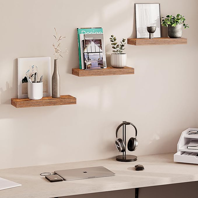 Ballucci Floating Shelves, 16" Wood Wall Shelf Set of 3, Invisible Brackets Floating Shelf for Wall Decor Living Room, Bathro