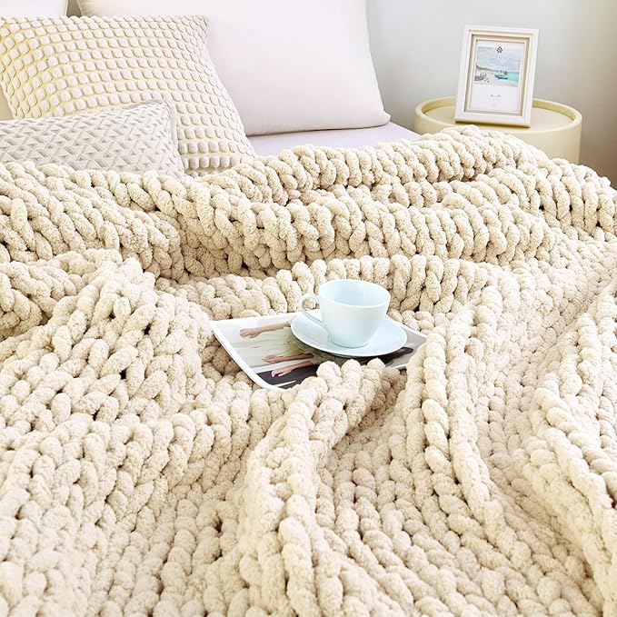 Admitrack Chunky Knit Blanket Throw 51"x63", 100% Hand Knit Chenille Throw Blanket for Sofa & Home Decor, Soft and Cozy Knitt