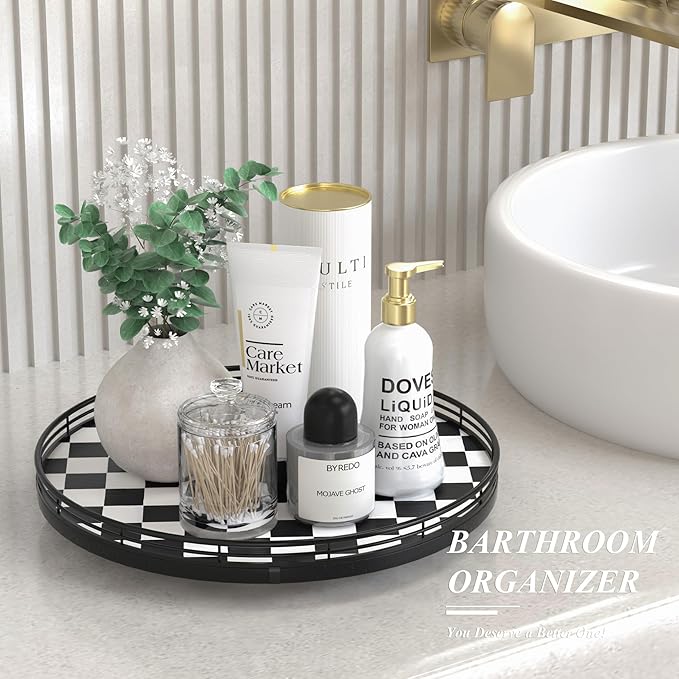 Black and White Kitchen Lazy Susan Turntable – Checkered Round Decorative Tray, 13” Table Top Oak Wood Lazy Susan for Cookies