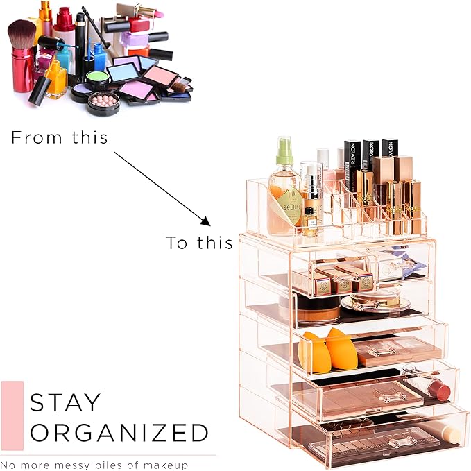 Sorbus Acrylic Makeup Organizer Set, 6-Drawer Vanity & Countertop Cosmetic Storage with Small & Wide Compartments, Pink Makeu