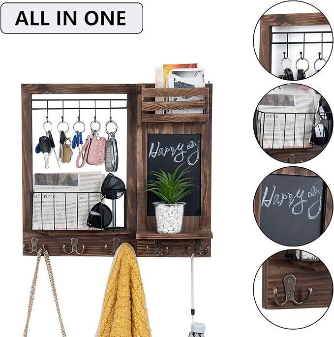 Key Holder for Wall, Mail Organizer Wall Mount with 5 Hooks and Shelf, Home Decorative with 5 Double Hooks and Chalkboard for