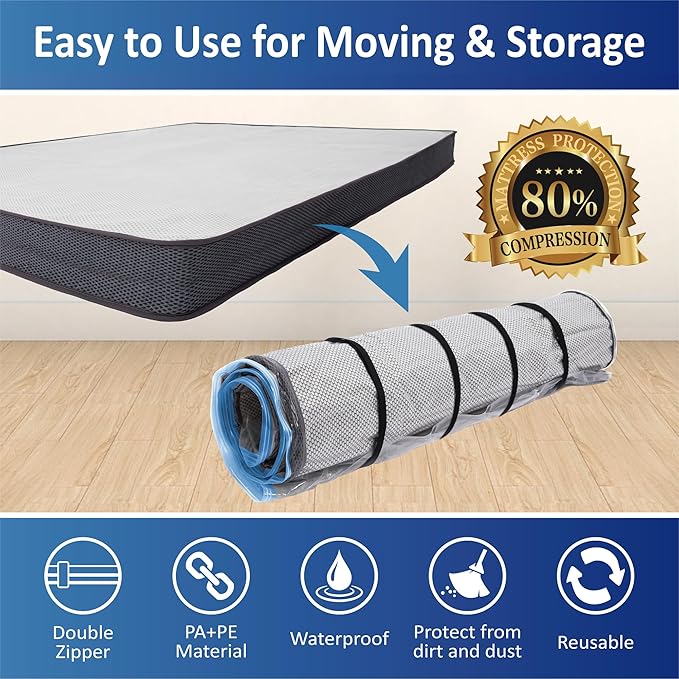 Storage Logic Foam Mattress Vacuum Bag with Blue Zipper, Mattress Storage Bag, Straps Included, Queen/Full/Full-XL