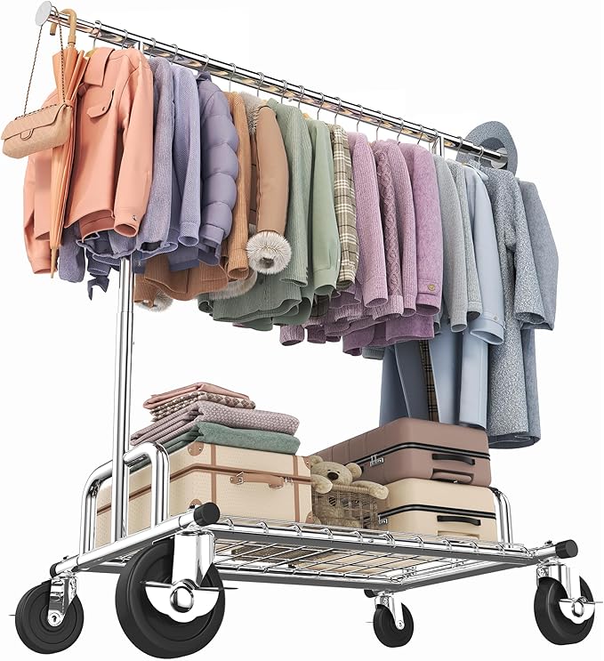 HOKEEPER Heavy Duty Clothes Rack Load 525 LBS, 75''W Adjustable Garment Rack, Rolling Clothing Rack for Hanging Clothes with 