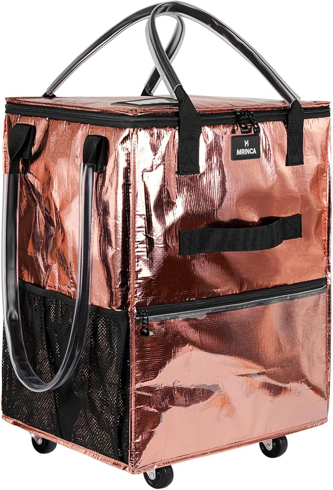 Reusable Grocery Bag on Wheels, 130L Large Capacity Foldable Shopping Trolley Cart with 5 Swivel Wheels, Multiple Pockets, Zipper Closure & Heavy Duty Handles, for Shopping, Travel, Large, Rose Gold