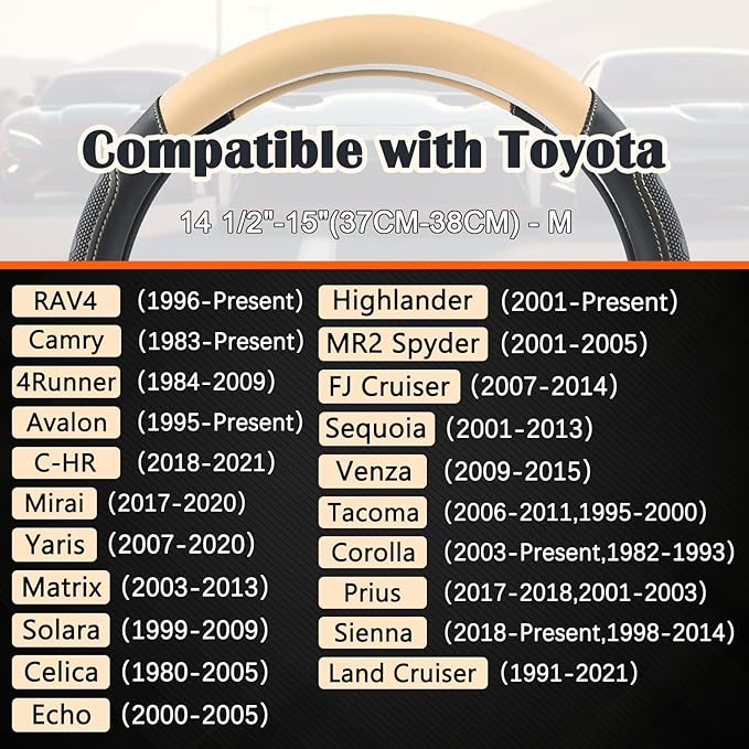 GIANT PANDA Car Steering Wheel Cover for Toyota RAV4,Camry,Highlander,Corolla,Prius,Tacoma,Standard Size - Black+Beige