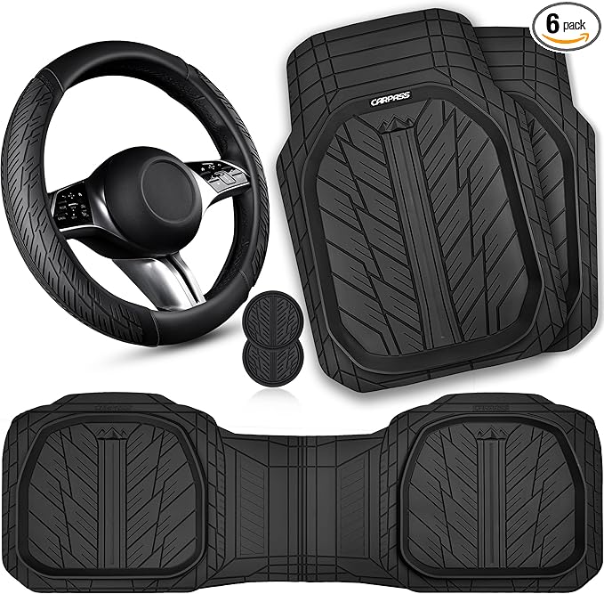 CAR PASS Leather Rubber Steering Wheel Cover 14 1/2” -15”,Tire Tread Pattern Design,Non-Slip Wear-Resistant, Heavy Duty Deep-Dish Car Floor Mats, Trim-to-Fit Car Mat,Fit for Steering Wheel Black