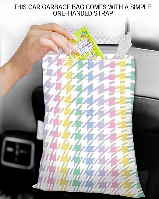 Car Trash Can, Durable Hanging Car Trash Garbage Bag, Cute Automotive Garbage Cans Organizer, Cute Rainbow Checkerboard