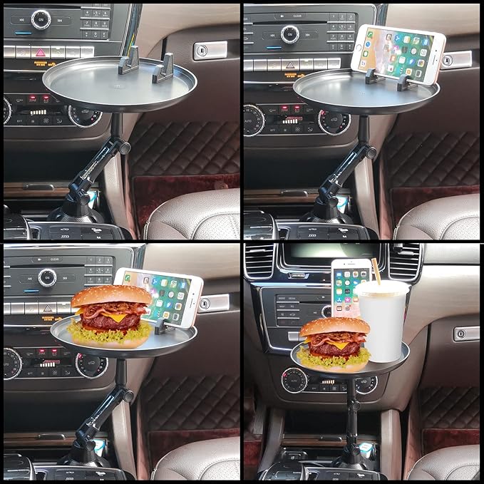 Cellet Cup Holder Tray for Car with Phone Mount – Expandable Base, 360° Rotation Food & Drink Tray with Non-Slip Surface, Adjustable Arm for Eating in Vehicle – Fits Most Standard Car Cup Holders