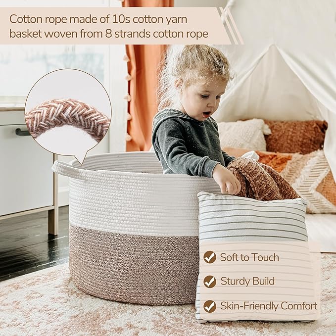 INDRESSME XXXLarge Blanket Basket for Living Room 21.7" x 21.7" x 13.8"-Storage Basket with Handle for Organizing Toy Pillows