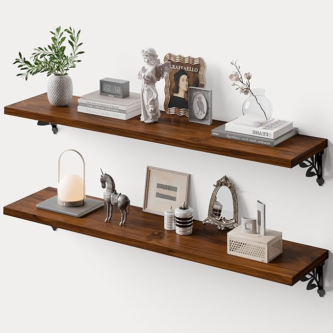 Solid Wood Floating Shelves for Wall with Metal Brackets,2 Tier 48 inch Pinewood Wall Shelf,Suitable for Multiple Places Such