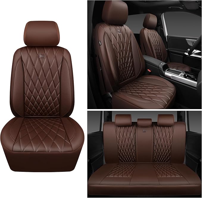 CAR PASS Piping Luxury Faux Leather Seat Covers Full Set, 5 Seats Anti-Slip Waterproof Seat Covers Compatible with Front Armr