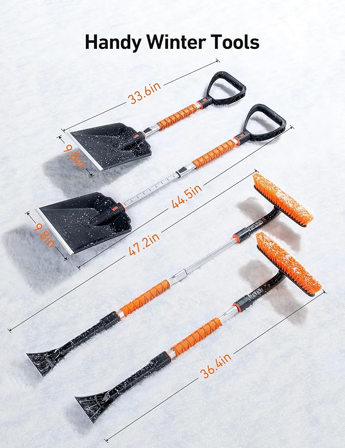 AstroAI 2" 1 Ice Scraper & Snow Shovel Kit, 47.2" Ice Scrapers for Car Windshield and 360° Pivoting Snow Brush, Extendable Snow Shovel with Foam Grip for Car, Trucks, SUVs, Vehicles（Orange）