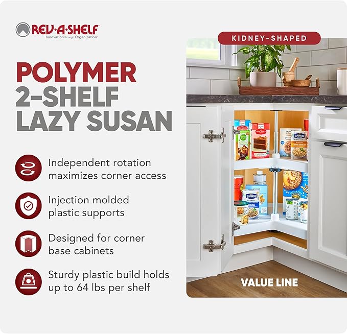 Rev-A-Shelf 2 Tier Kidney Cut Lazy Susan for Corner Base Cabinets, Plastic, 28" Double Shelf Swivel Kitchen Spice/Can Organiz