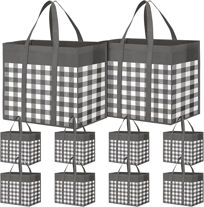 WOWBOX Reusable Grocery Bags,10-Pack, Foldable Reusable Shopping Tote Bags bulk with Reinforced Handles,Large Storage Bags with Water Resistant Coating for Groceries,Multipurpose,Grey-White