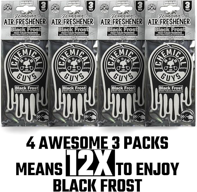 Chemical Guys Car Fresheners, Hanging Air Freshener, Black Frost Scent 12 Pack, Great for Cars, Trucks, SUVs, RVs, Home, Gara