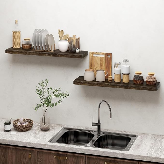 Wood Floating Shelves 36 Inch Long, Rustic Solid Elm Wood Shelves for Home Decor, 8 Inch Deep Wall Shelf with Invisible Brack