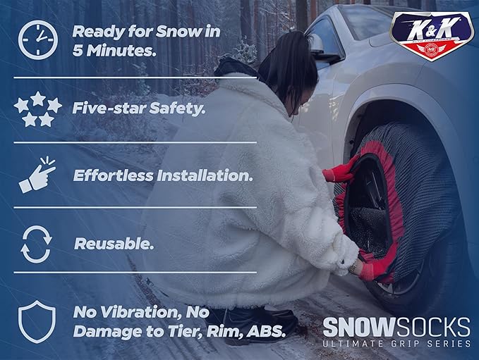 K&K Auto Snow Socks for Tires – Pro Series for Ultimate Grip Approved Snow Chain Alternative Traction Device – Tire Sock for 
