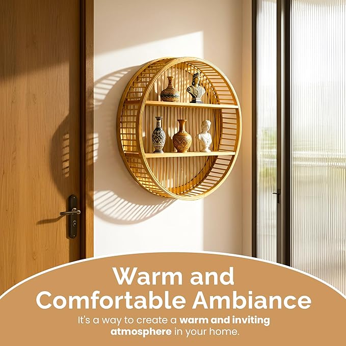 Vintiquewise Round Bamboo Wall Shelf with 2 Wooden Tiers – Natural Hanging Wall Decor and Floating Display Rack Accent for Mo