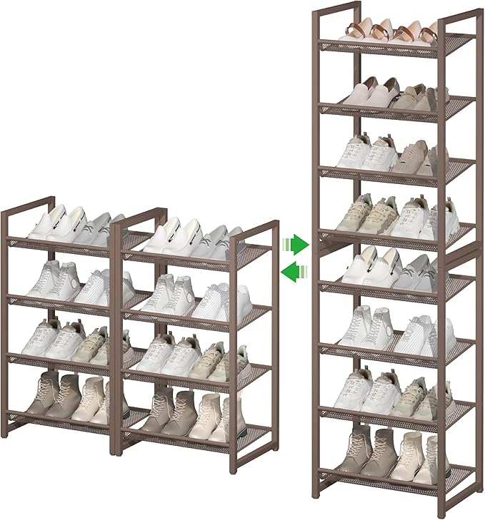 Tall Narrow Shoe Rack, 8 Tier Stackable Shoe Stand for 16-20 Pairs, Heavy Duty Shoe Organizer for Small Space Closet Bedroom,