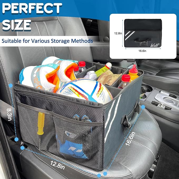 WOLT Car Trunk Organizer with Lid, Collapsible Multi Compartment SUV Organizer with Non-Slip Base Adjustable Straps