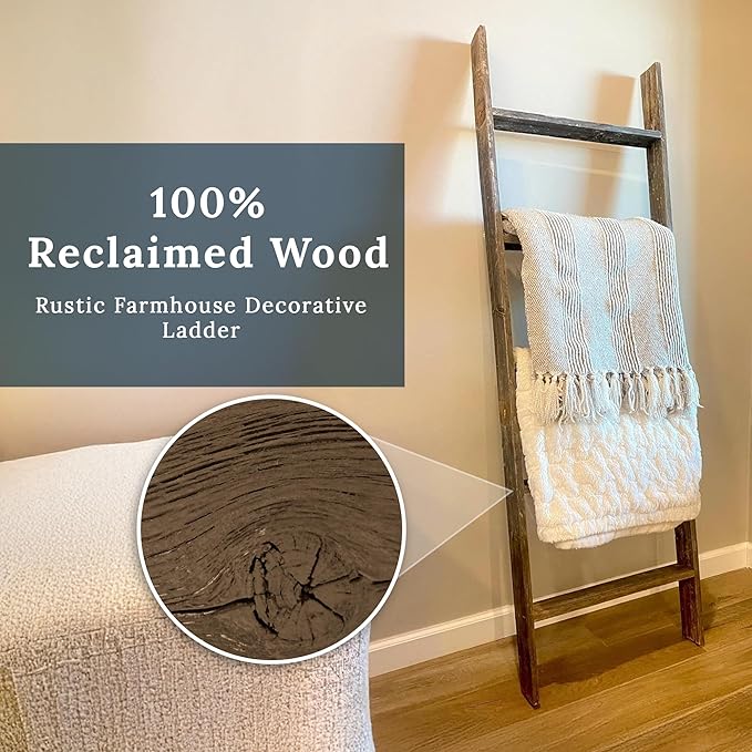 BARNWOODUSA Throw Blanket Ladder – Fully Assembled Reclaimed Wood – Rustic Decorative Ladder for Towels, Quilts, & More – Per