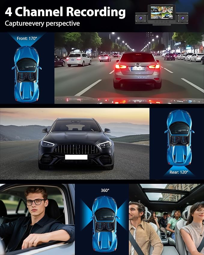 4 Channel Dash Cam 360 View for All-Round Protection, 4-Way Front Rear Inside Recording, Built-in 5G WiFi & GPS, APP Control,