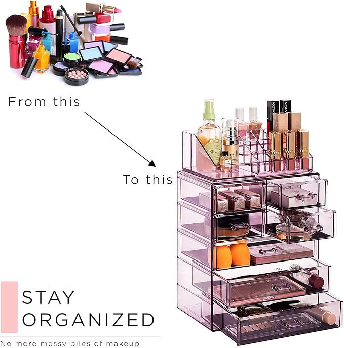Sorbus Acrylic Makeup Organizer Set, 7-Drawer Vanity & Countertop Cosmetic Storage with Small & Wide Compartments, Purple Mak