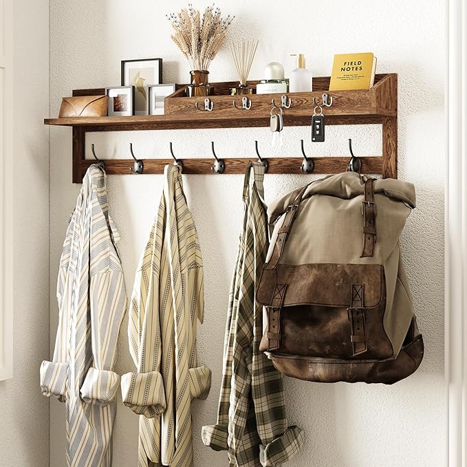 AMBIRD Coat Rack Wall Mount, 35 inch Large Wall Hooks with Shelf, Entryway Shelf with 7 Dual Coat Hooks 4 Key Hooks Mail Orga