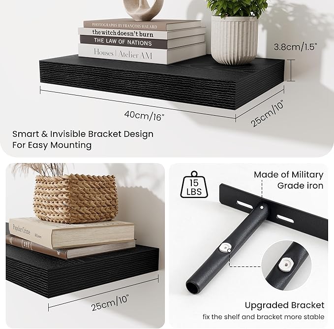 Fun Memories Black Floating Shelves for Wall - 10 x 16 Floating Shelf - Rustic Wood Storage Shelf - Wall Shelves with Invisib