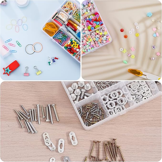 Exptolii 15 Large Grids Plastic Organizer Box with Dividers, 2 Pack Clear Compartment Container Storage for Washi Tapes Beads