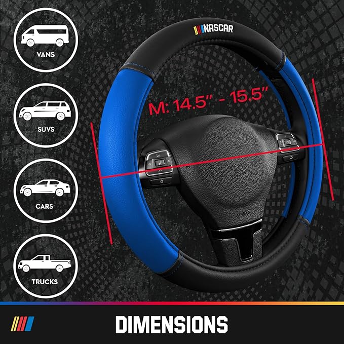 NASCAR Steering Wheel Cover, Two-Tone Blue Leather Patchwork, Universal Fit 14.5"-15.5" Steering Covers for Cars, Anti-Slip, 