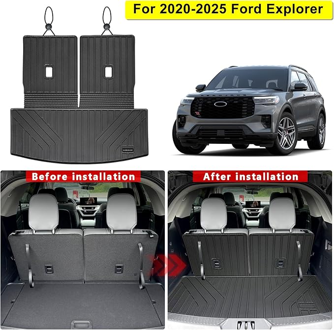 Cargo Mat Compatible with 2020-2025 Ford Explorer 6&7 Passenger - All-Weather Trunk Liner with Backrest Mat, Easy-Clean TPE Protector, Custom-Fit for Explorer Accessories