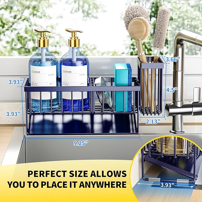 Cisily Navy Blue Sink Caddy Organzier with High Brush Holder, Sponge Holder for Sink, 304 Rustproof Stainless, Kitchen Counte
