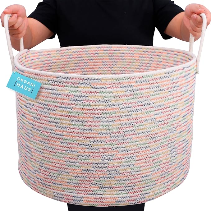 OrganiHaus Large Woven Storage Basket for Blankets and Toys 20" x 13" Inch, Rope Laundry Basket with Handles, Cushions & Pill
