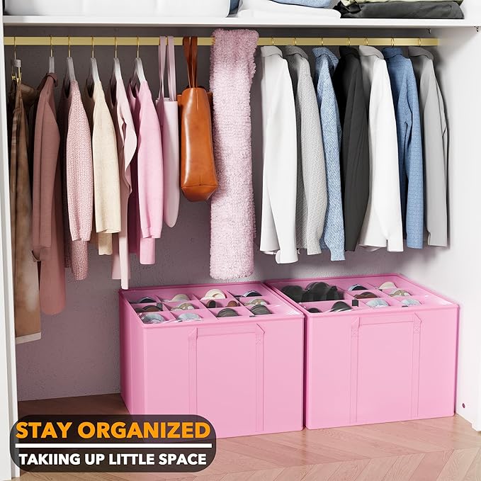 SpaceAid Shoe Organizer for Closet, 2 Pack Foldable Shoe Storage Containers Baskets Boxes Bins w/Adjustable Dividers, Fits 16