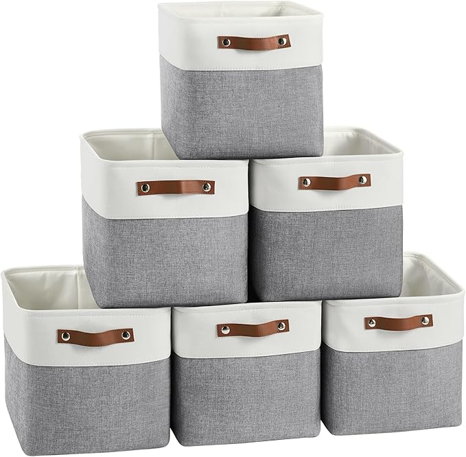 FinishingBo Cube Storage Baskets 6 Pack, 11x11 inch Cube Storage Bins with Leather Handles for Shelf Closet (White/ Gray)
