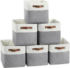FinishingBo Cube Storage Baskets 6 Pack, 11x11 inch Cube Storage Bins with Leather Handles for Shelf Closet (White/ Gray)