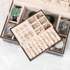 LANDICI Jewelry Box Organizer for Men Women, 2 Layer 4 Slot Watch Storage Case with Removable Tray, PU Leather Large Jeweller