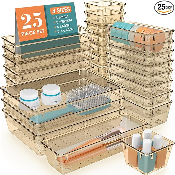 StorMiracle 25 PCS Drawer Organizer Set, 5 Varied Size Bathroom and kitchen Drawer cabinet organizer Trays, Clear Storage Bin
