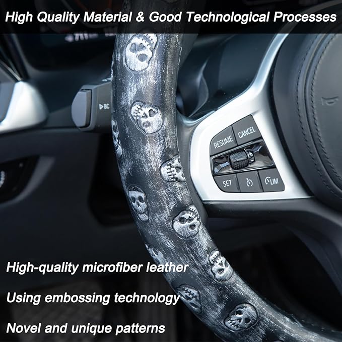 Embossed Skull Steering Wheel Cover, Skull Car Accessory, Microfiber Leather with Anti-Slip Lining, Fits 14.5"-15" Steering Wheels