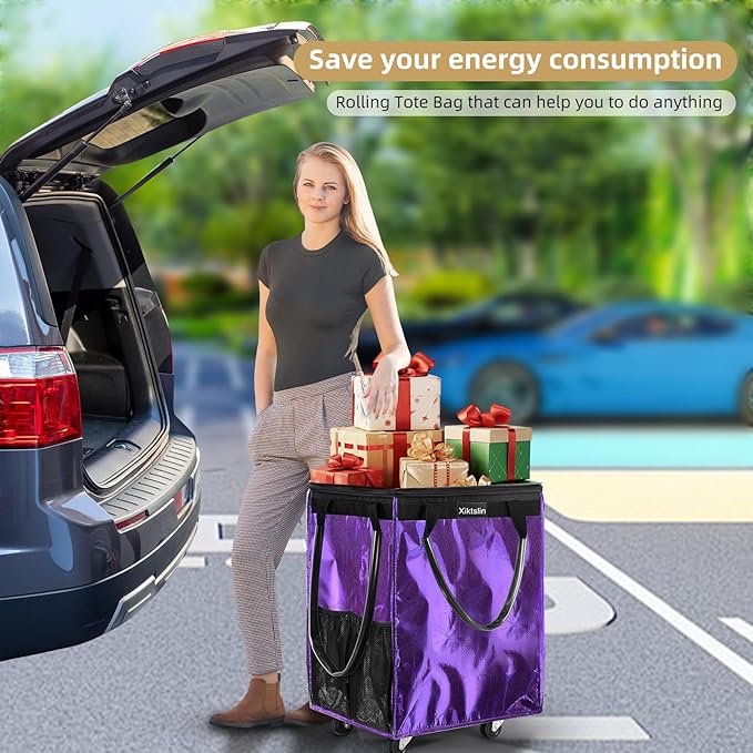 (Medium, Purple) Reusable Grocery Bag on 4 Wheels, Foldable Rolling Tote Carries Up to 66lb Shopping Trolley, Rolling Bag with 3 Handles, Zipper Clouser Rolling Tote Bag with Wheels for Laundry