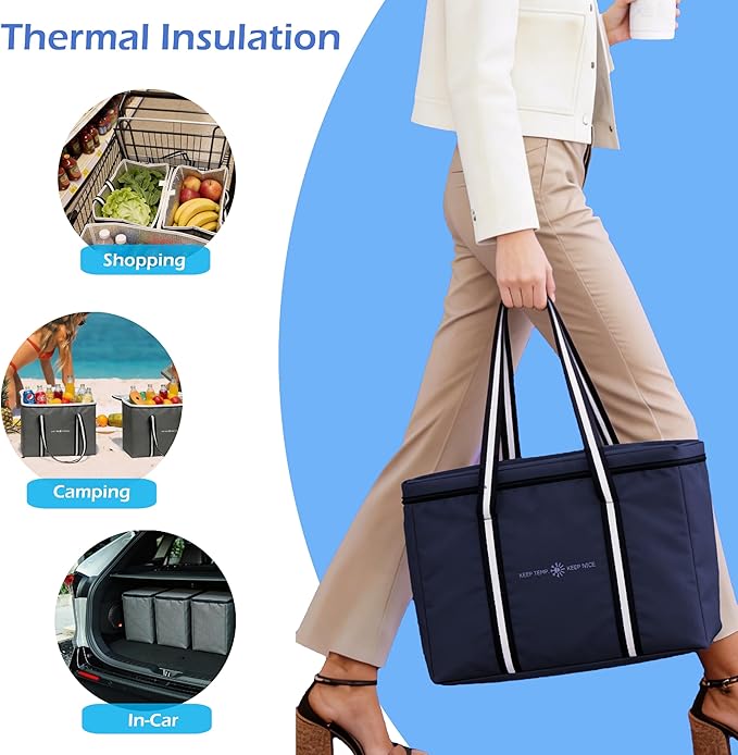 Insulated Reusable Grocery Bag - Zippered Cooler Tote Extra Large Thermal Shopping Bag for Groceries Frozen or Hot Food