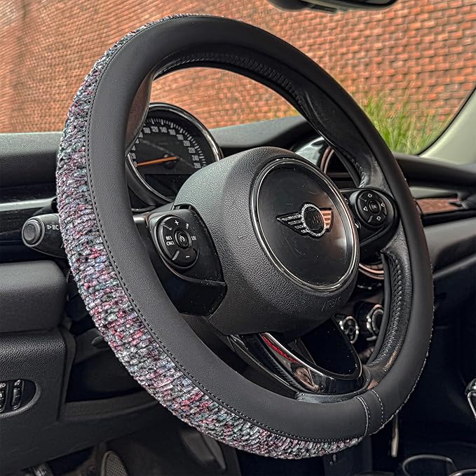 PINCTROT Chenille Leather Steering Wheel Cover, Soft Mottled Colors, Sweat-Proof, Non-Slip Grip, All-Season Comfort, Universa