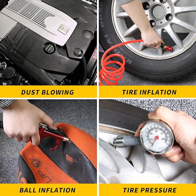 Hromee 16 Pieces Air Compressor Accessory Kit with 1/4 Inch Recoil Poly Air Hose, Blow Gun and Fittings Inflation Kit with Needles, Ball Chuck and Tire Pressure Gauge