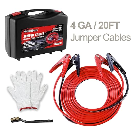 Heavy Duty Jumper Cables,All Copper 4 Gauge 20 Feet Booster Battery Cable,Automotive Wires with with Alligator Clips,600D Fabric Carrying Bag,Safety Gloves and Iron Brush for Cars Truck