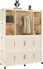 Portable Closet Storage with Magnetic Doors and Wheels, Foldable Armoire Wardrobe Closet with 1 Hanging Rod, 12 Cubes and 6 H