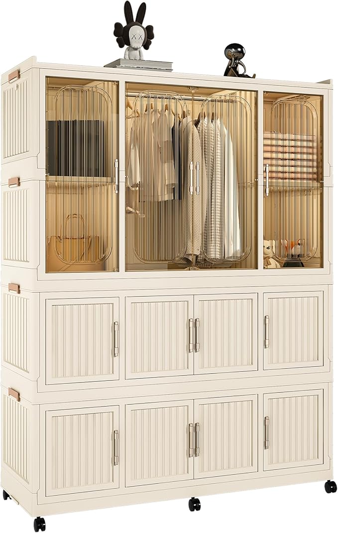 Portable Closet Storage with Magnetic Doors and Wheels, Foldable Armoire Wardrobe Closet with 1 Hanging Rod, 12 Cubes and 6 H