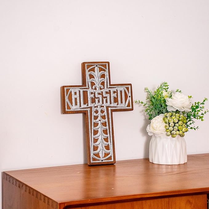 Wall Wooden Cross Christians Spiritual Religious Gifts With Hook on Hanging Wall Or Table With Blessed For Church Home Room D