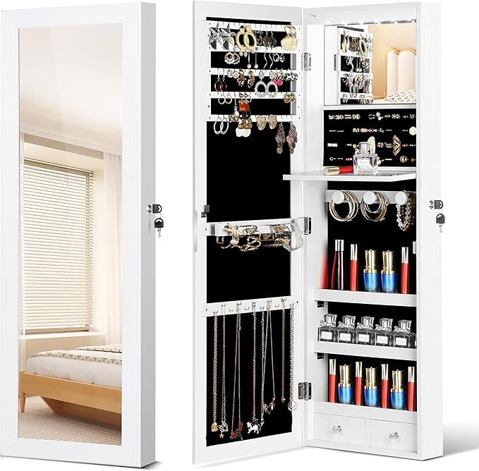 Mirror Jewelry Cabinet, Wall/Door Mounted Jewelry Armoire with Full-Length Mirror, Hanging Jewelry Organizer with LED Interio